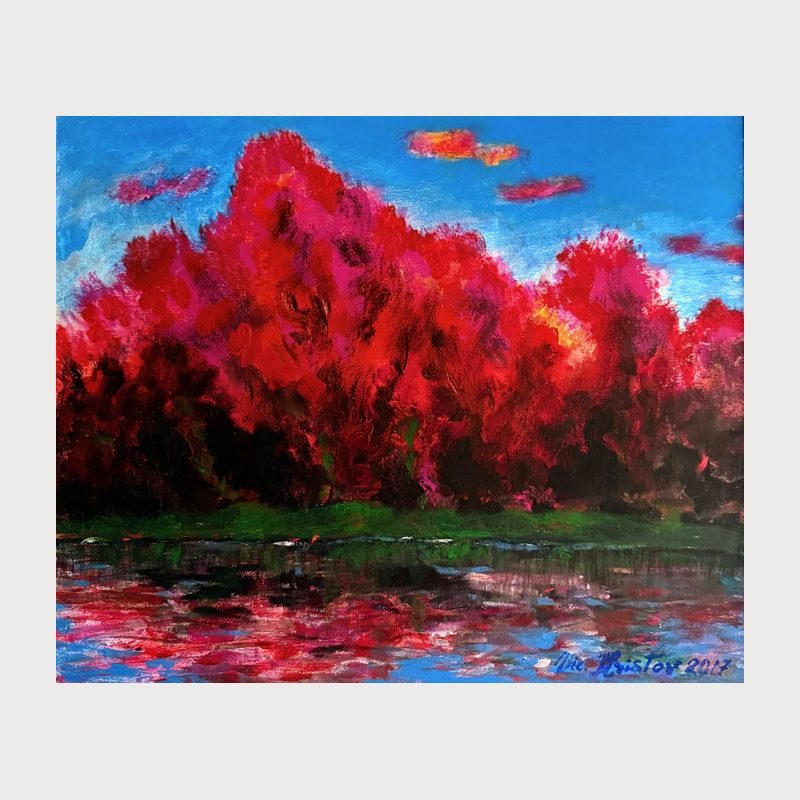 Red Echo, oil and acrylic on canvas, 50 × 60 cm, 2017. Painting by Victor Hristov