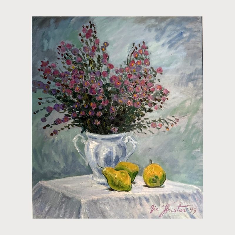 Still Life with Two Pears, oil on canvas, 60 × 50 cm, 1999. Painting by Victor Hristov