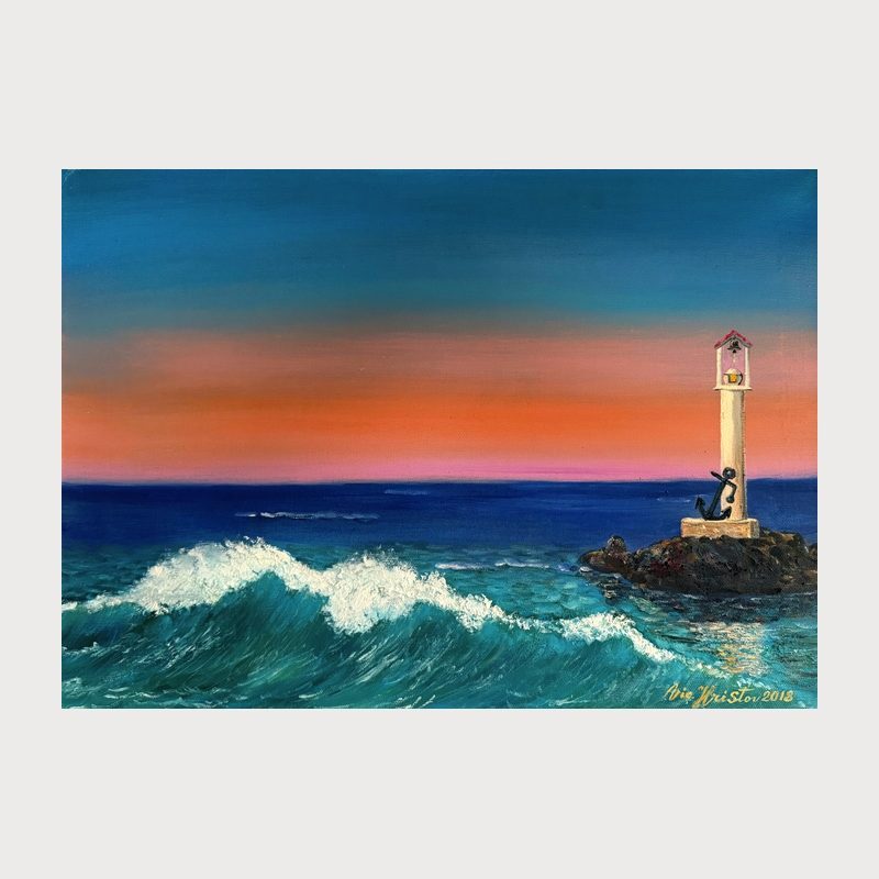 The Solitary Lighthouse, oil on canvas, 50 × 70 cm, 2018. Painting by Victor Hristov
