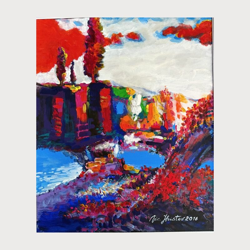 The Inverted City, oil and acrylic on canvas, 60 × 50 cm, 2016. Painting by Victor Hristov