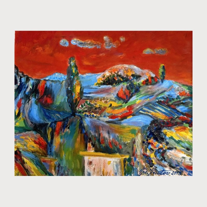 Snow Beneath a Red Sky, oil on canvas, 50 × 60 cm, 2013. Painting by Victor Hristov
