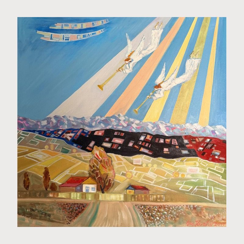 Flight Over the Land, oil on canvas, 85 × 85 cm, 2011. Painting by Victor Hristov